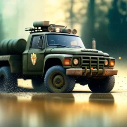 hyperrealistic shot, military toy truck, earth color palette, sharp focus, puddle reflection, tire water splash, refraction, mist on the horizon, shadowcast, detailed and intricate, cinematic composition, micro, tilt shift photography