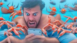 guy enjoying censored videos on cellphone surrounded by tiny crabs