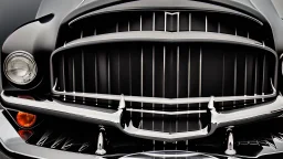 Photograph of a the front grill of a gorgeous, expensive, oldschool black muscle car with a big, black front grill, realistic, stylish, taken up close from the front of the car, symmetrical