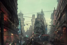 Corner Elevated Train run raid Train Canal River and corner shop greengrocer in colorful Italian street+Gothic city+BioShock+Dishonored+Bloodborne +trieste+Edinburgh+Chicago+victorian London+decòpunk Skyscraper+ +steampunk+biopunk+alphonse mucha, greg rutkowski,matte painting, cryengine, hyper detailed, felix kelly, fantasy art, seb mckinnon