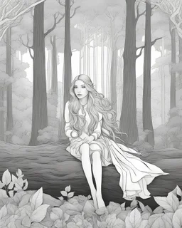 A captivating coloring book scene featuring an enchanting portrayal of a 20-year-old girl with long blond hair, amidst a fantasy forest, the trees forming a natural canopy above, magical creatures observing from the shadows, evoking a sense of wonder and mystery.