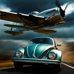 a high definition screen shot of a jet-fighter vw-beetle, retrofuturistic, phototrealism, in flight, one subject, should have wings with atleast one exposed jet on each wint or one coming throught thr front and center of the vehicle.