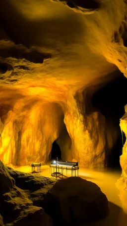 A golden yellow cave with music notes painted by Claude Monet