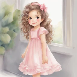 watercolor, full body, different poses, cute smile girl, curly hair, big eyes, long brown hair, pink dress, pink shoes, white backgrownd