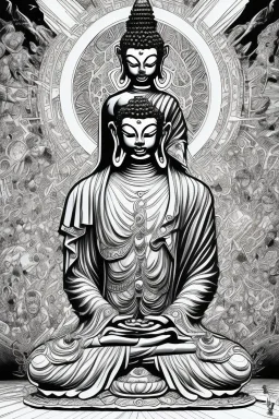 comic book line art, black and white, buddha, pencil and ink manga drawing, clean ink detailed line drawing