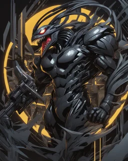 Venom mix with machine in solo leveling shadow artstyle, cyberpunk them, intricate details, highly detailed, high details, detailed portrait, masterpiece,ultra detailed,best quality