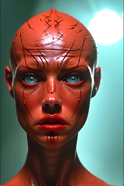 1993 horror movie, muscular sara sampaio, blue eyes, red skin demon woman, bald head, standing in front of explosion, sharp focus, 8k, award winning, by sam raimi hellraiser