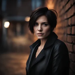 cute woman with dark short hair with light streaks, gray eyes, facial skin with very noticeable unevenness and pores, face with wrinkles and irregularities, wearing a black jacket, standing against an old brick wall on the street during the day, abstract neorealism, cinematic, film light, hyper-detailed , hyper-realistic, masterpiece, atmospheric, high resolution, 8k, HDR, FUJIFILM, photo, bokeh