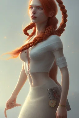 Woman, corpo intero big tit, beautiful, orange hair, two braids, bangs, red eyes, big eyes, freckles, long eyelashes, Frozen, 8k resolution concept art by Greg Rutkowski