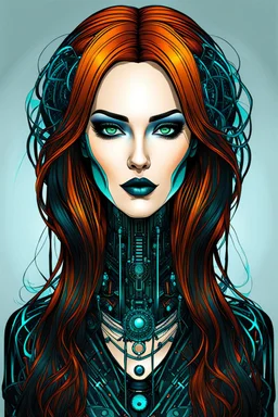 Create a wild, imaginative, full body, cybernetics enhanced, auburn haired goth girl with highly detailed facial features, in the vector graphic style of Nirak1,Christopher Lee, and Cristiano Siqueira, vibrant colors, sharply defined, 2d vector