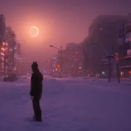 foto tirada por tras de um homem solitário sentado no chão, nas ruas de tokyo, na neve na noite de natal pós apocalipse, lua cheia