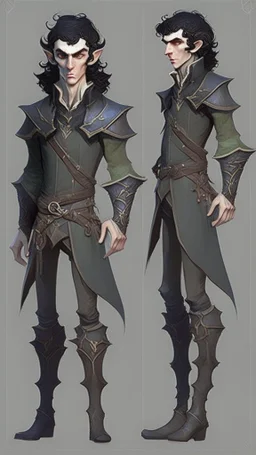 turnaround character of a man elf, he has curly, black hair and sharp cheekbones. His eyes are black. pale skin. He wears fantasy medieval clothes. full body with boots