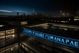 FUTURE illuminated sign on the roof of a building, the city in the background, 16K, real photography, photojournalism, inspired by the film Strange Days, by Kathryn Bigelow