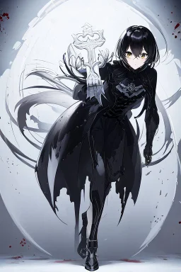 Anime girl with short black hair and sharp green eyes, holding a pike, full body black and white metal plate armour, full body shot, Dramatic lighting,1woman, soaked in blood, standing pose, close shot, lean body,