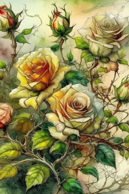 magic sketch, delicate drawing, watercolor painting, beautiful landscape, a branch of lush non-pink lace roses with buds, many large and small flowers, buds, different shades of color, pixel graphics, many details, sensuality, realism, high quality, decoration, hyperdetalization, professionally, filigree, hyperrealism, backlight, contrast, fantastic, fabulous, unreal, translucent, luminous, clear lines, light green, bluish background at the top, white edges