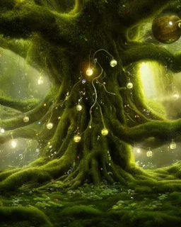 the most stunning, beautiful, Tree of Life with dripping flower garlands, floating globes of light, moss, 8k resolution, high-quality, fine-detail, iridescent, intricate, digital art, detailed matte, volumetric lighting, illustration, 3D octane render, brian froud, howard lyon, selina french, anna dittmann, annie stokes, lisa parker, greg rutowski, alphonse mucha, George Grie, Ben Goossens, Igor Morski