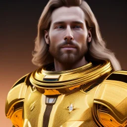 beautiful cosmic golden male, long hair, nice smiling, delicate colors, beautiful glamour galactic golden dress, ultra sharp focus, 8k, unreal engine 5, extremely sharp detail, light effect, soft light atmosphere of a spaceship, smooth, full of details, face in front, complete vision of face and body