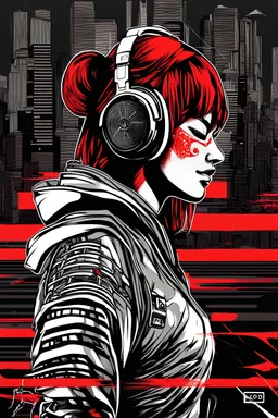 vector t-shirt design ready to print, cyberpunk, illustration profile of red led female samurai in a mask, wearing over head headphones staring down, side view looking to the right, tokyo Japanese background, pro vector, high detail, vibrant, Japanese hologram symbols, barcode design