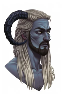 A tieffelin with blue skin and white Dreadlock hair. His pupil-less eyes are green. He wears a small beard.