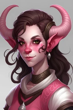 tiefling female with brown hair and white pink highlights