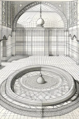 Drawing, building plan, architectural plan, architectural, inscriptions, Islamic, art, geometric shapes, decorations, mosque, mosque roof, dome, inside the mosque, plant shapes, large, prominent, clear inscriptions, carpets, stones, sunlight, shadow And the light, pencil drawing