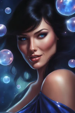 from behind, 3D bubbles, 3D hearts, sunlight, blue skies, magic, multicolored swirling light, aurora borealis, a flowing river of electricity, UFOs, Devil's Tower, fireflies, a close-up, facial portrait of a totally gorgeous Megan Gale as Vampirella with Long Black hair, cobalt blue eyes, smiling a big bright happy smile, wearing a red sling suit with a gold/yellow bat emblem on the lower stomach area, and black boots, professional quality digital photograph, happy time