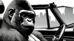 Gorilla wearing thick glasses driving a convertible. Illustration.