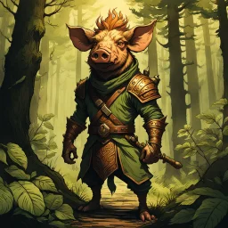 create a full body portrait of a kobold pig man , with highly detailed, sharply lined facial features, in the deep forest of Brokilon , finely inked, in rustic colors, 4k in the style of Peter Mohrbacher