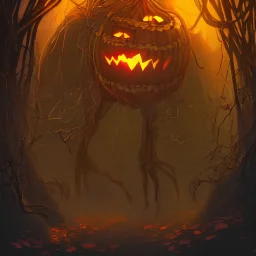 fantasy monster concept art, a jack o lantern monster with vines for a body walking down a street of nightmares, dynamic lighting, photorealistic, trending on art station, stunning visuals, creative, cinematic, ultra detailed, atmospherical, ambient lighting, scary art, eery art