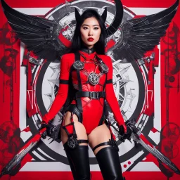 Photo of an asian woman superheroe strapped in a red, futuristic harness with mechanical elements. The background features a large black and white Baphomet sigil on a red backdrop, adding an occult or mystical theme to the image. red heel thigh-highs, creating a striking and cohesive look.