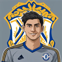 85mm DSLR color photography of a very detailed headshot fitting all of head and hair in frame. 19-year-old Argentine soccer player, and with no facial hair and has no facial hair, has short and black hair with a small smile, grey background is in a Chelsea fc shirt