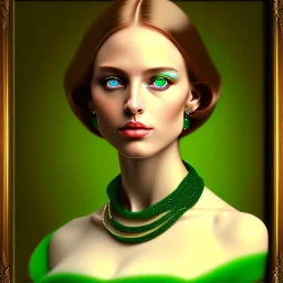 oil Portrait of a Dark Blonde long haired beautiful busty voluptous adult woman with emeralds necklace with Very big Green sad eyes looking to viewer by GRANT WOOD Ingres 8k