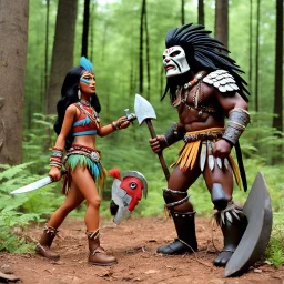 [1960’s stop-motion animation style traveling through the forest of the Midwest, ] a 70s advertisement video TV featuring the predator fighting a young native Indian woman, adorned in her war paint and wielding her stone axe. ; as a claymation character toy from a claymation horror movie in burning rainbow land, from hell, creepy Videos, strange creatures everywhere , as old advertisement shot on video VHS