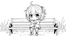 detailed graphic art style, cute anime, detailed chibi face, sitting in modern-fantasy clothes on bench, messy hair dreamline background, childbook style, detailed linework, highly detailed drawing, modern vibe, artwork, grayscale, no photorealism