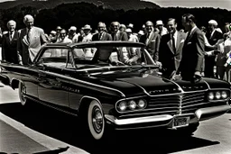 Schwarzweißfoto Chrysler-Vorstandsmitglied Bob Rodger preist den 1960er Chrysler 300F an