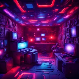A geek room in space , with red, Purple and blue lights, chaotic and confusing, optical illusion, discomfort in vision