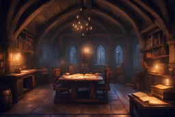 fantasy medieval study room at night