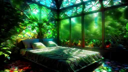 bedroom in the middle of jungle surounded by jungle, Broken Glass effect, no background, stunning, something that even doesn't exist, mythical being, energy, molecular, textures, iridescent and luminescent scales, breathtaking beauty, pure perfection, divine presence, unforgettable, impressive, breathtaking beauty, Volumetric light, auras, rays, vivid colors reflects