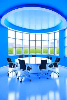 Offices office room hanging on the walls in an oval shape and the color of the walls is blue and the floor is white and the shape of the offices is curved and the office contains four chairs