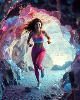 make a video pretty crystal cave covered with jewells and CIFI jewell lights and 3d recursive cubic and sphere base pearls and jwells a beautiful fashion model lady with cute,curvy hair,makeup, in pretty sports suit is running inside cave ,dynamic camera fallow her inside cave capturing full body, dynamic lights.
