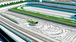 A white racetrack with boosting cars designed in ancient Roman mosaics painted by Zosan
