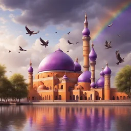 Hyper Realistic Orange & Purple Mosque with Brown Minarets riverside at beautiful cloudy weather & Rainbow with birds flying