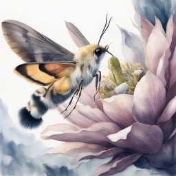 Macro botanical painting, hummingbird moth and dragonfruit flower. Blend of Japanese Nihonga style and modern watercolor. Use of metallic gold ink for fine details. Palette: Deep Prussian blue, ivory white, muted violet, and pale ochre. Sharp focus on the moth's textured body and the delicate stamen. Soft, blurry watercolor bleed in the background. High contrast, elegant composition, organic textures. Modifiers: elegant intricate 4k very attractive beautiful fantastic view ul