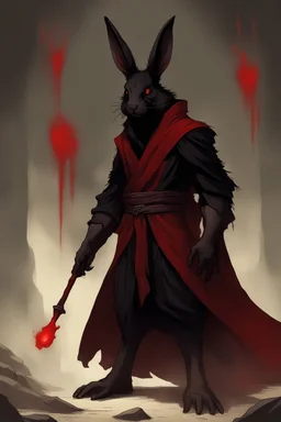 Male rabbitfolk with black fur wearing blood red and black robes in a fantasy setting, sorcerer of death