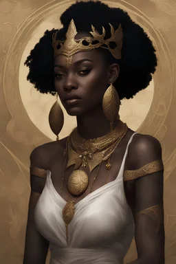 Black woman, White tattoos, gold jewelry, fantasy, medieval