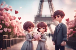 cute chibi mahogany haired girl with a short, silver haired boy, Eiffel tower, heart and love, flowers in Paris, ethereal, cinematic postprocessing, bokeh, dof