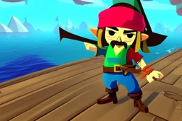 Cartoony Captain Jack Sparrow sailing on the vast blue ocean, Legend Of Zelda: Wind Waker style, stylized, colorful, adventurous.