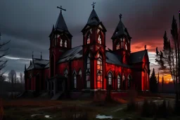 Заброшенная большая черная церковь с башнями и колокольней, с большим количеством красных витражей, в сумерках за городом. Стиль комикс