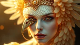 layering, fantasy, mysticism, portrait of a woman-bird, glare, gold, glow, 8K, 3D, fine rendering, high detail, hyperrealism, high resolution, layering, hyperdetail, hyperfocus, vignette