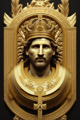 Ultra Realistic image, Roman sculpture, clean white marble material, Lionel Messi, gold Laurel leaves wreath, god crown, renaissance ornaments, one gold star in heart, sun ornament, sun rays background, chisel style, waist up portrait, emperor style, epic, celestial, cinematic lighting, God light, god rays, 4k resolution, smooth details, ornate details, soft lighting, unreal engine 5, art station, substance 3d.